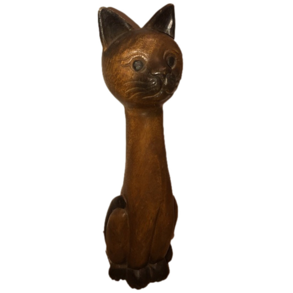 𝅺vtg Carved Wooden Siamese Cat Kitten Kitty Statue Solid Wood Approx 12” x 3”